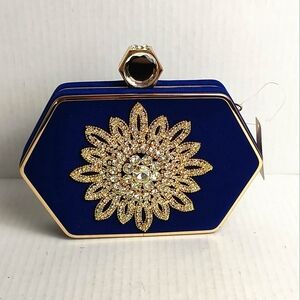 Glam Diva Satin Evening Velvet Clutch Bag Sun Diamond Rhinestone Royal Blue